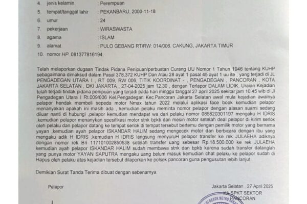 Korban Dugaan Penipuan Pembelian Sepeda Motor Melapor ke Polsek Pancoran
