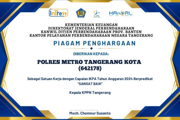 Polres Metro Tangerang Kota Raih Dua Penghargaan, IKPA Sangat Baik Dan LPJ 2024 Terbaik Ketiga
